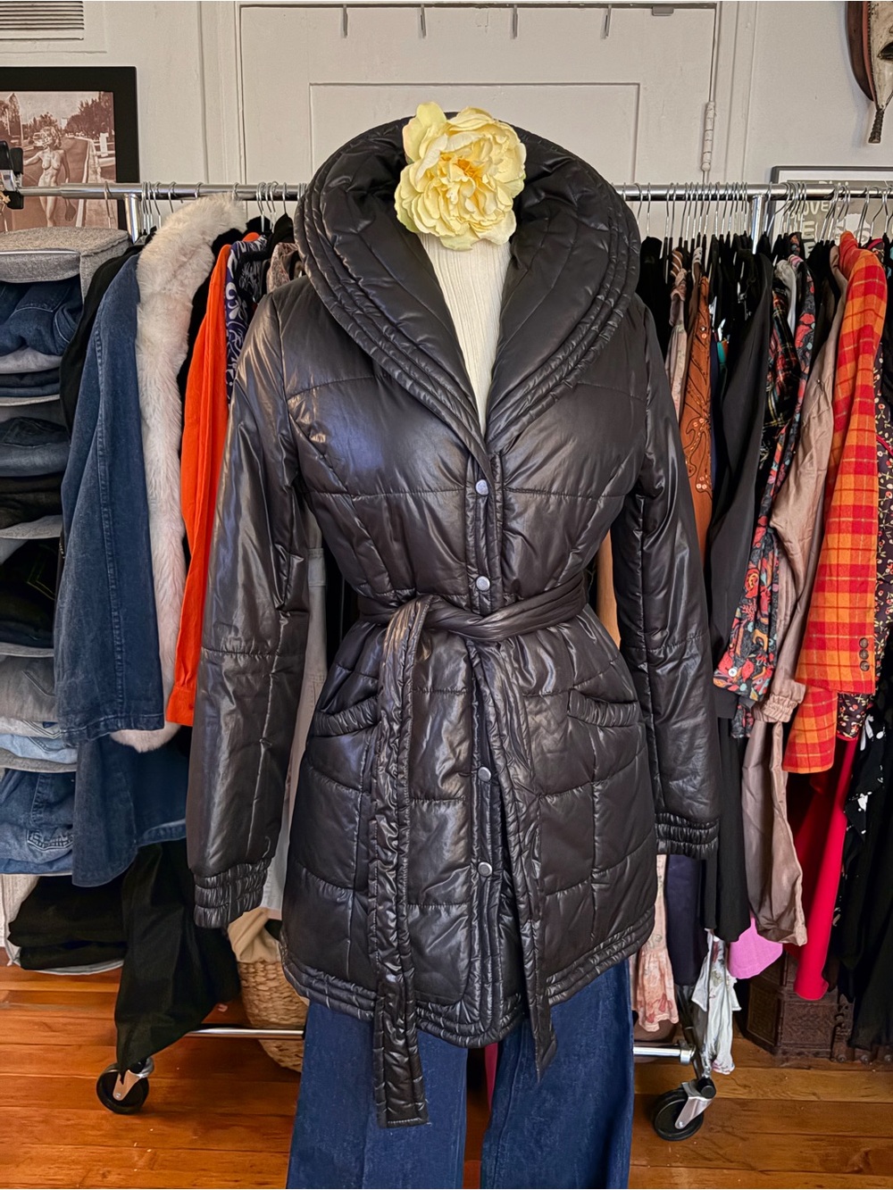 BCBG MAX AZRIA Black Quilted Long Puffer Coat